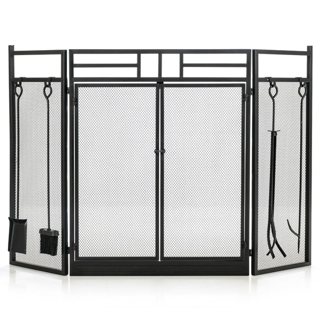 3-Panel Folding Wrought Iron Fireplace Screen with 4 Pieces Tools Set-Black