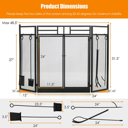 3-Panel Folding Wrought Iron Fireplace Screen with 4 Pieces Tools Set-Black