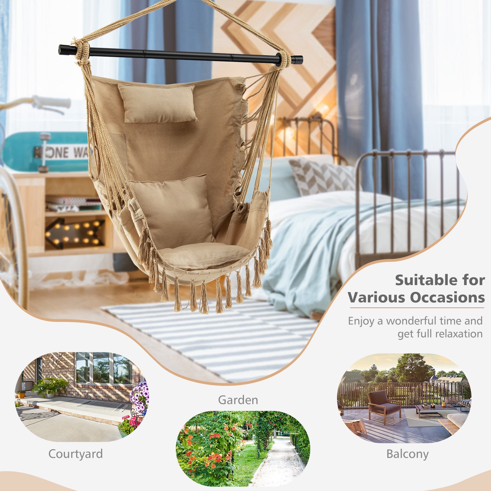 Chaise suspendue en corde avec oreiller et coussins moelleux - Beige