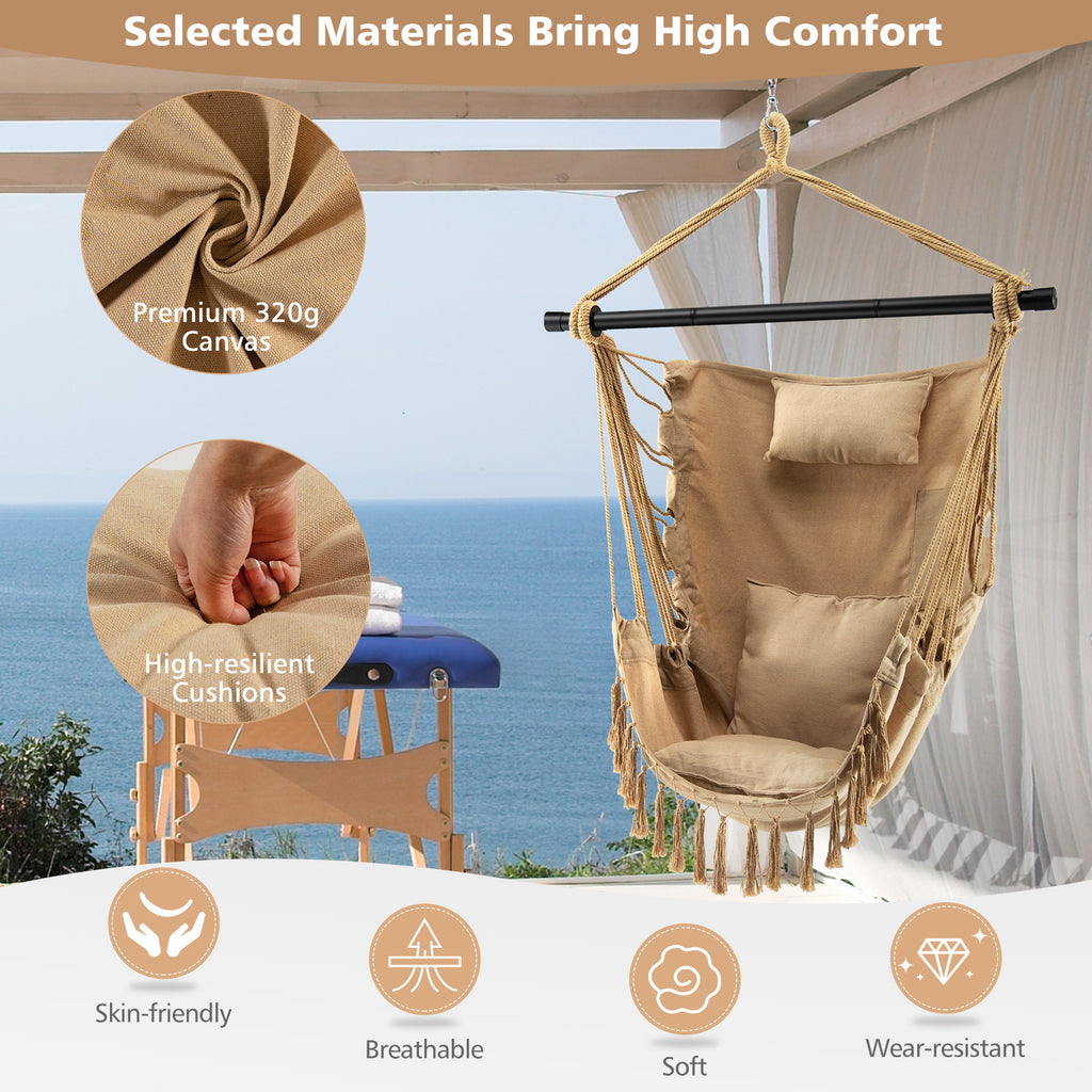 Chaise suspendue en corde avec oreiller et coussins moelleux - Beige
