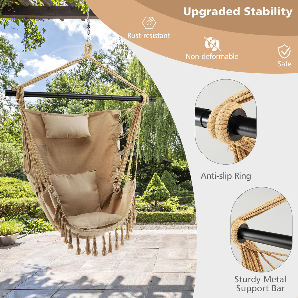 Chaise suspendue en corde avec oreiller et coussins moelleux - Beige