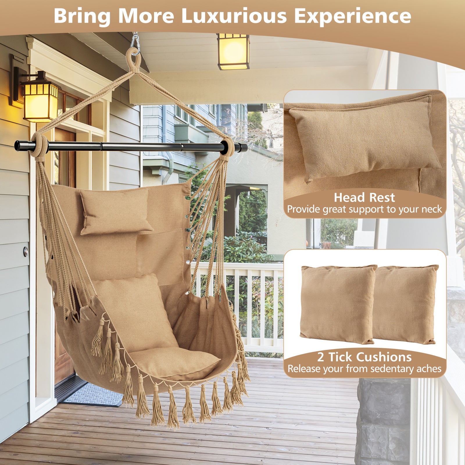 Chaise suspendue en corde avec oreiller et coussins moelleux - Beige