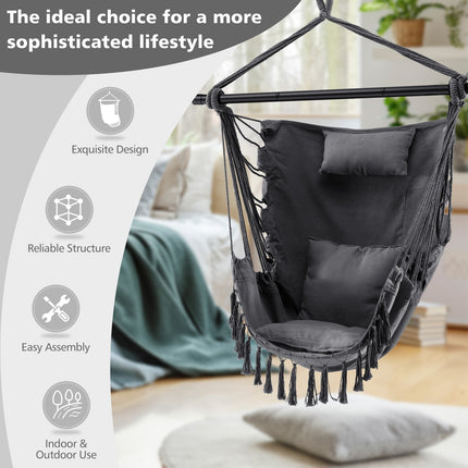 Hanging Rope Swing Chair with Soft Pillow and Cushions-Gray