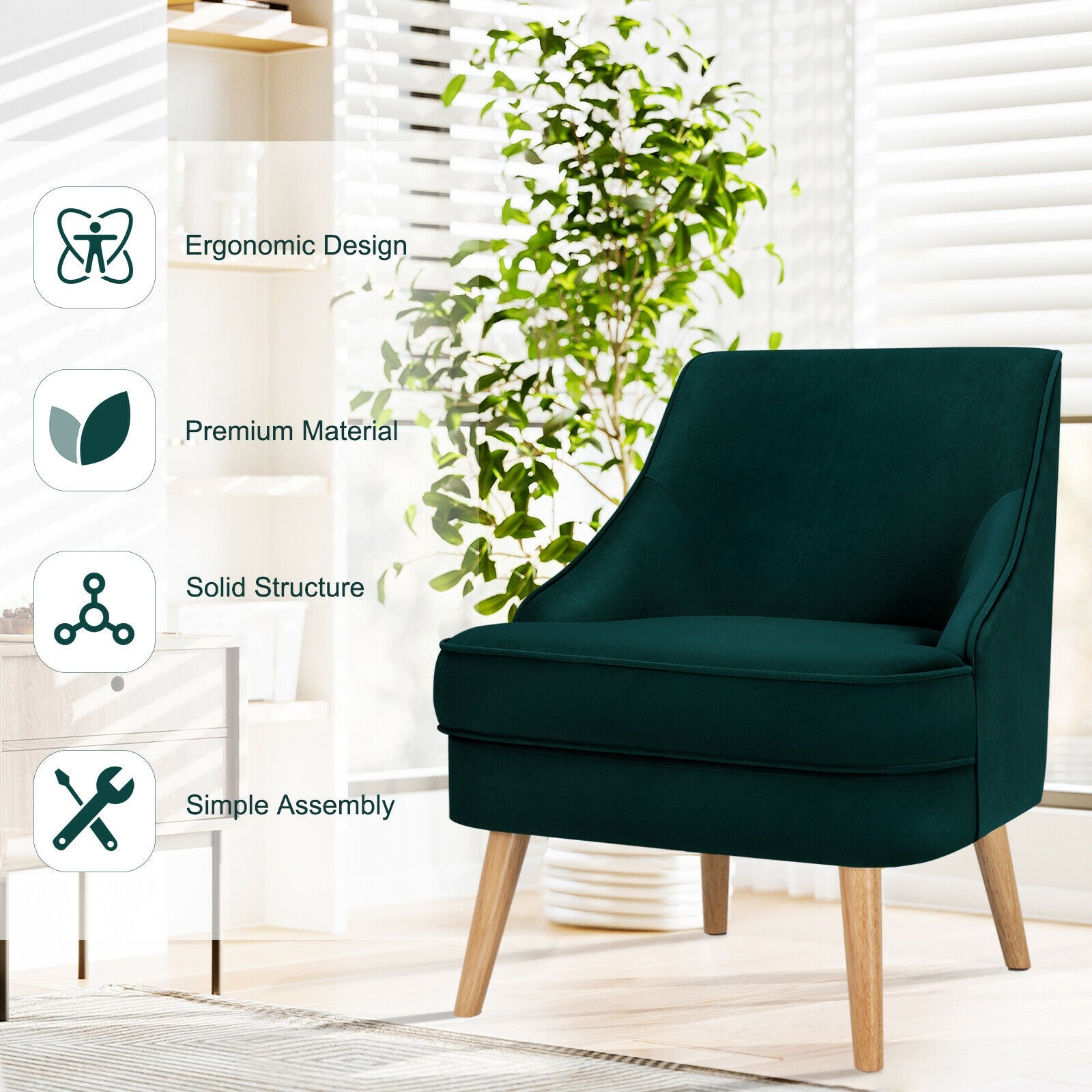 Mid Century Velvet Accent Chair with Rubber Wood Legs for Bedroom-Green