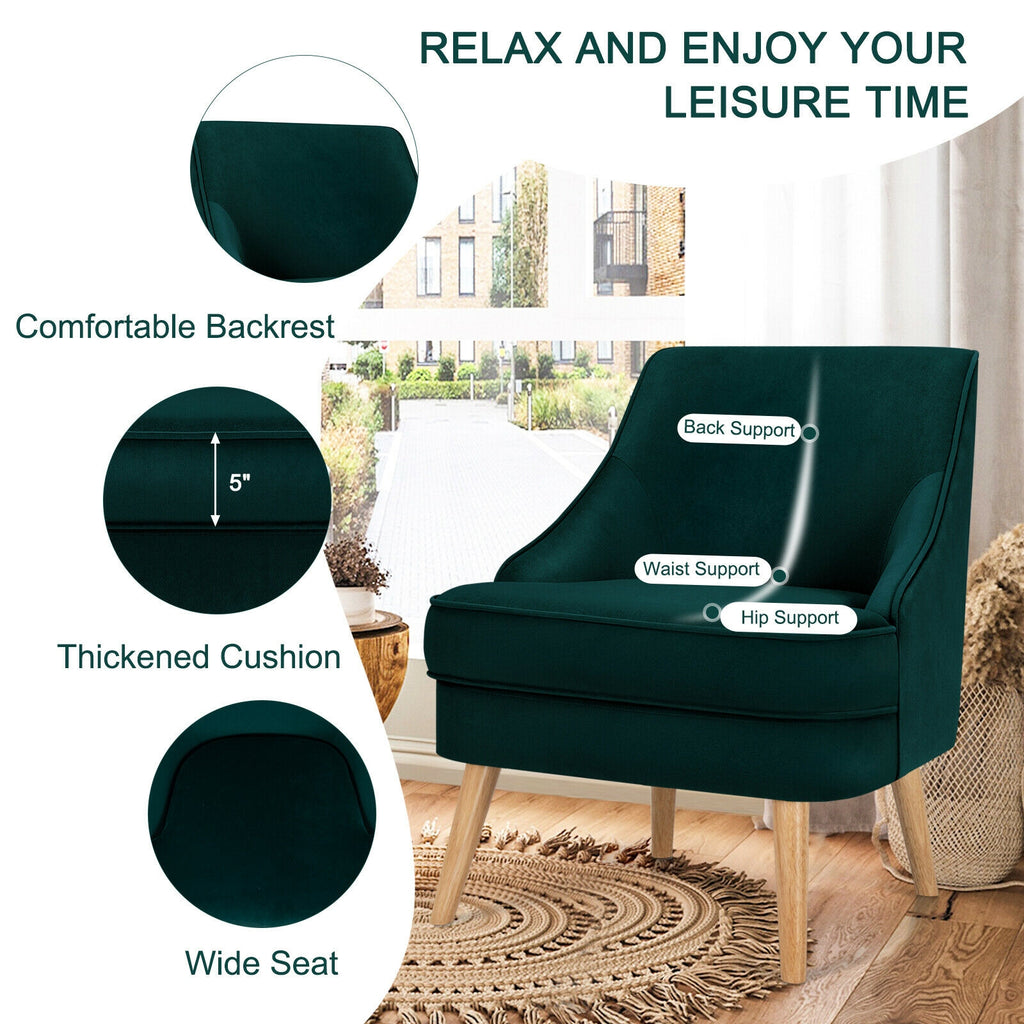 Mid Century Velvet Accent Chair with Rubber Wood Legs for Bedroom-Green