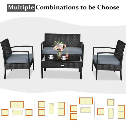 4 Pieces Patio Rattan Cushioned Furniture Set-Gray