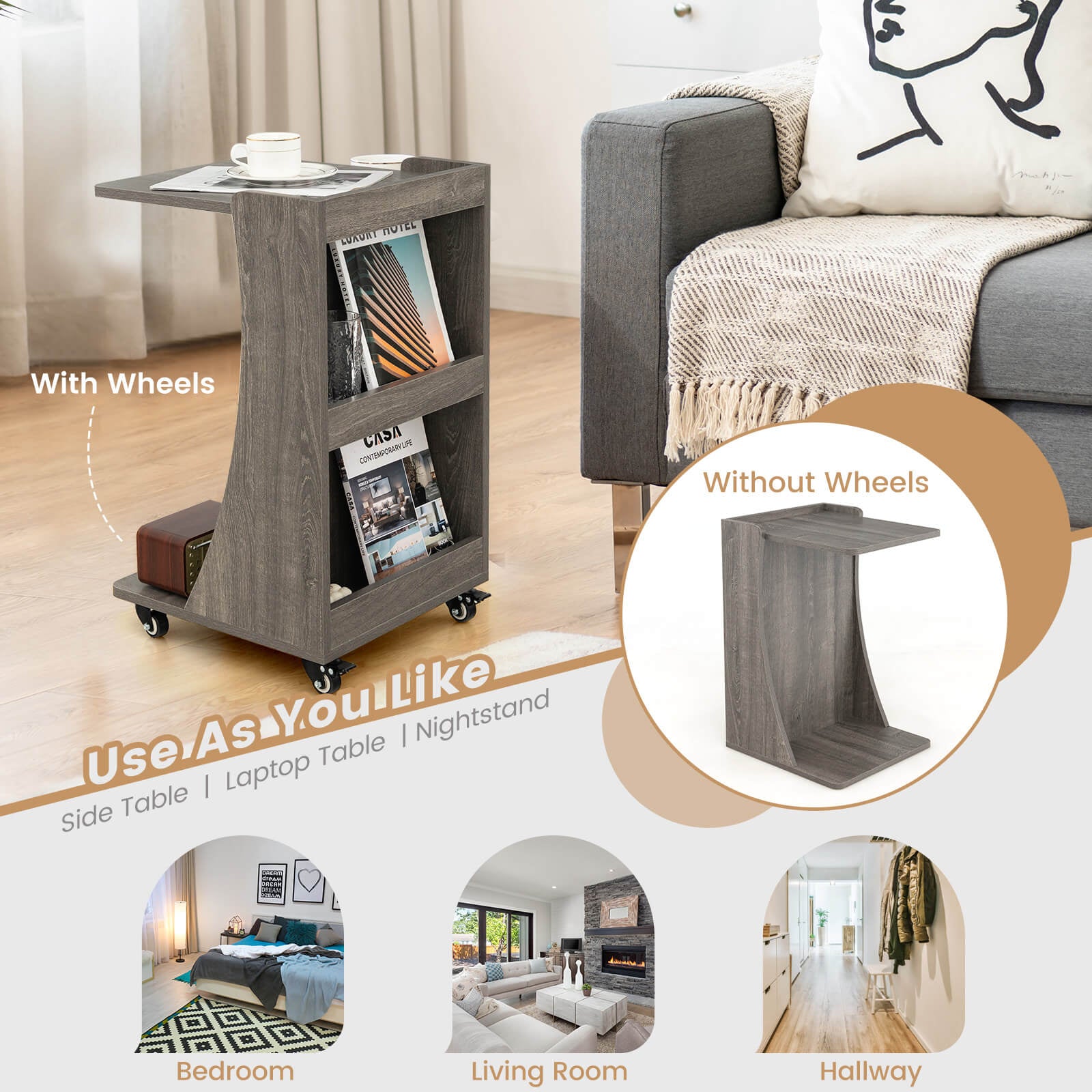 C-shaped Rolling End Side with Back Storage Shelves beside Sofa-Gray