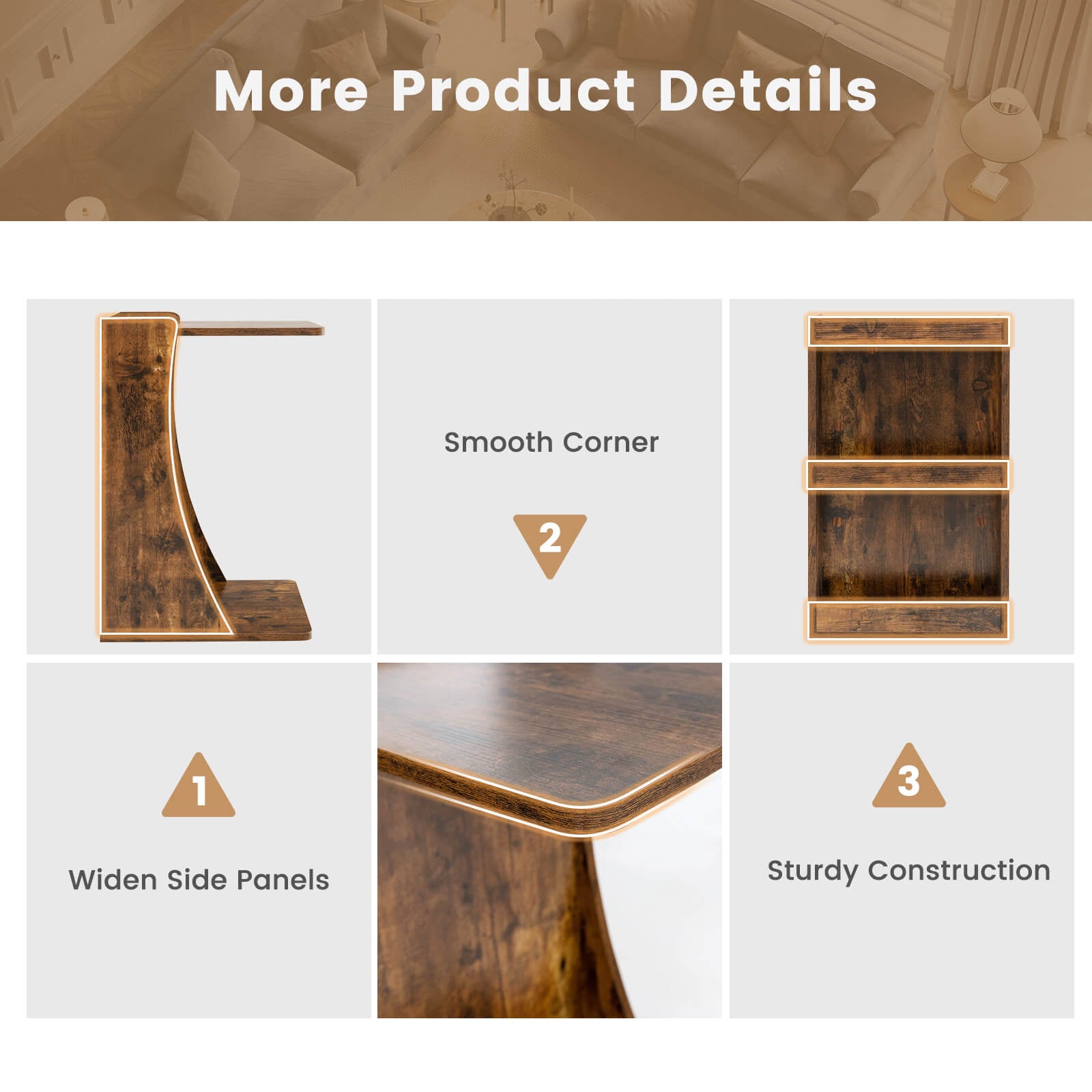 C-shaped Rolling End Side with Back Storage Shelves beside Sofa-Rustic Brown