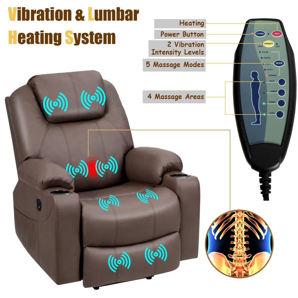 Electric Power Lift Leather Massage Sofa-Brown