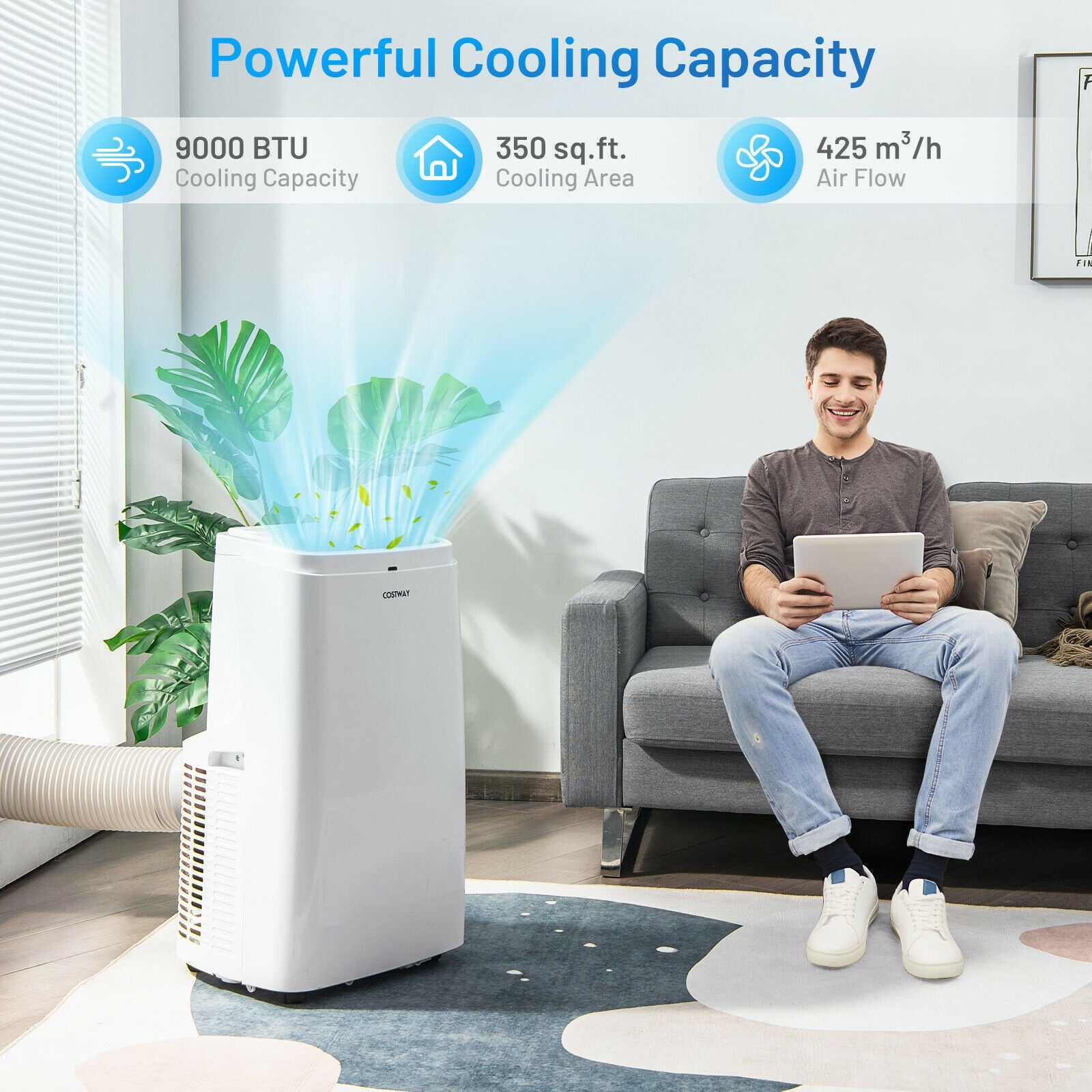 White 9000BTU 3-in-1 Portable Air Conditioner with Remote
