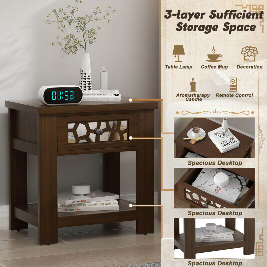 Wood Retro End Table with Mirrored Glass Drawer and Open Storage Shelf-Brown