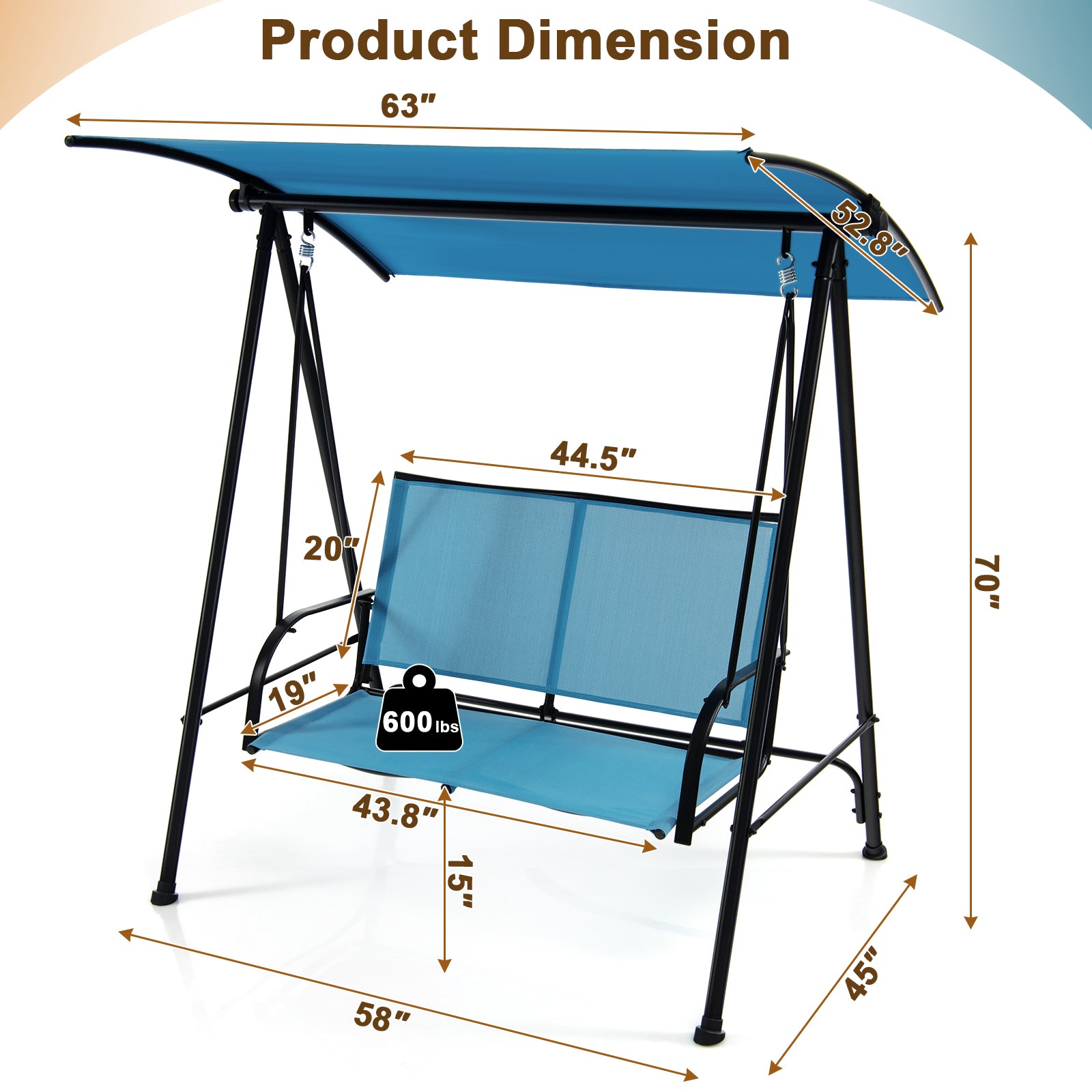 Balançoire de jardin 2 places avec auvent, siège en tissu confortable et structure métallique robuste - Bleu marine