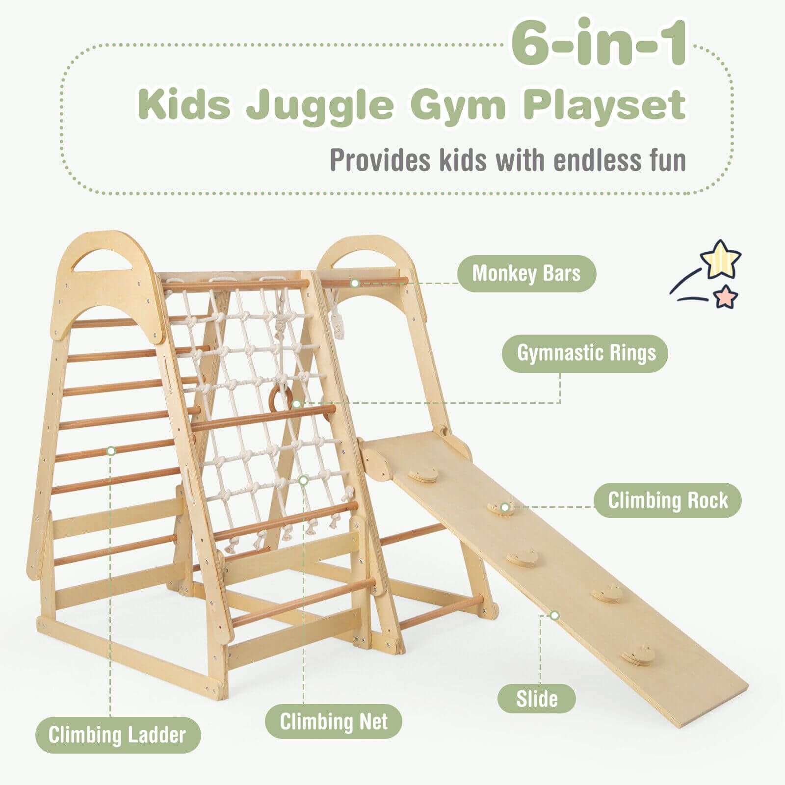 6-in-1 Wooden Kids Jungle Gym Playset with Slide Climbing Net-Natural