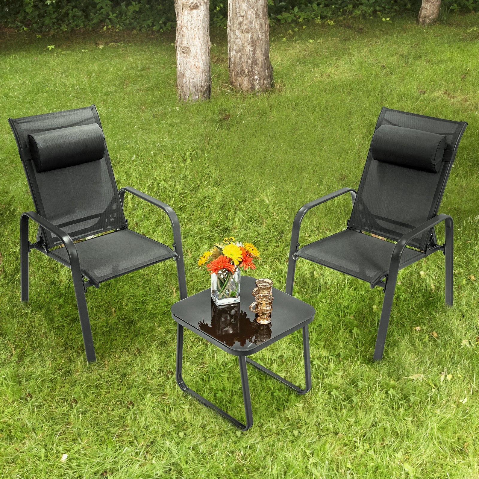 Ensemble de mobilier de bistrot de terrasse 3 pièces avec dossier réglable - Noir
