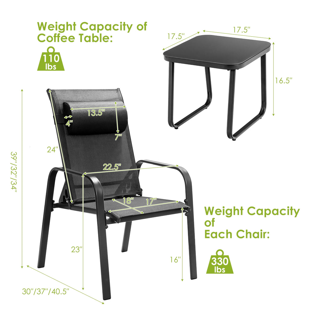 Ensemble de mobilier de bistrot de terrasse 3 pièces avec dossier réglable - Noir