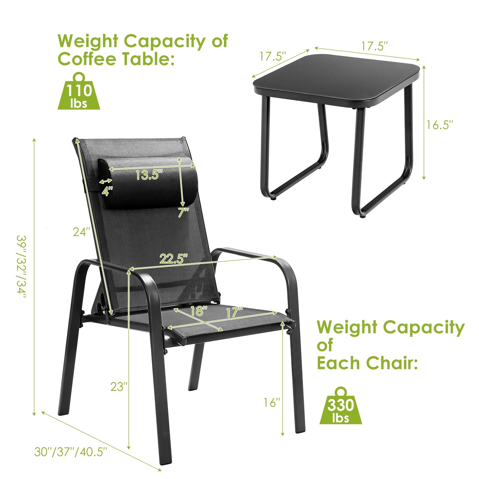 Ensemble de mobilier de bistrot de terrasse 3 pièces avec dossier réglable - Noir