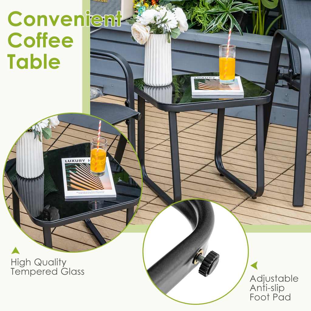 Ensemble de mobilier de bistrot de terrasse 3 pièces avec dossier réglable - Noir