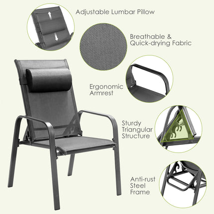 3 Pieces Patio Bistro Furniture Set with Adjustable Backrest-Gray