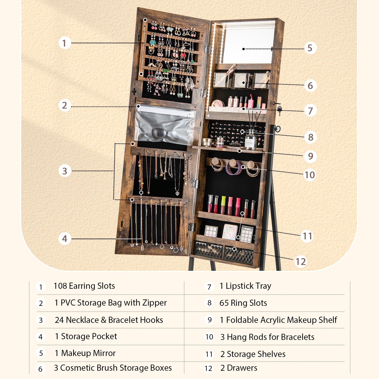 Freestanding Jewelry Cabinet with Full-Length Mirror-Rustic Brown