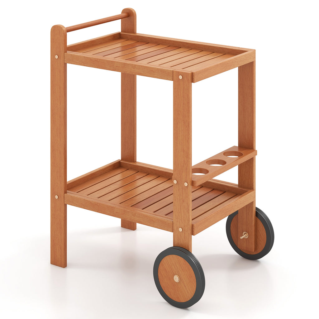 2 Tier Rolling Serving Cart with Wine Bottle Holders and 2 Rubber Wheels
