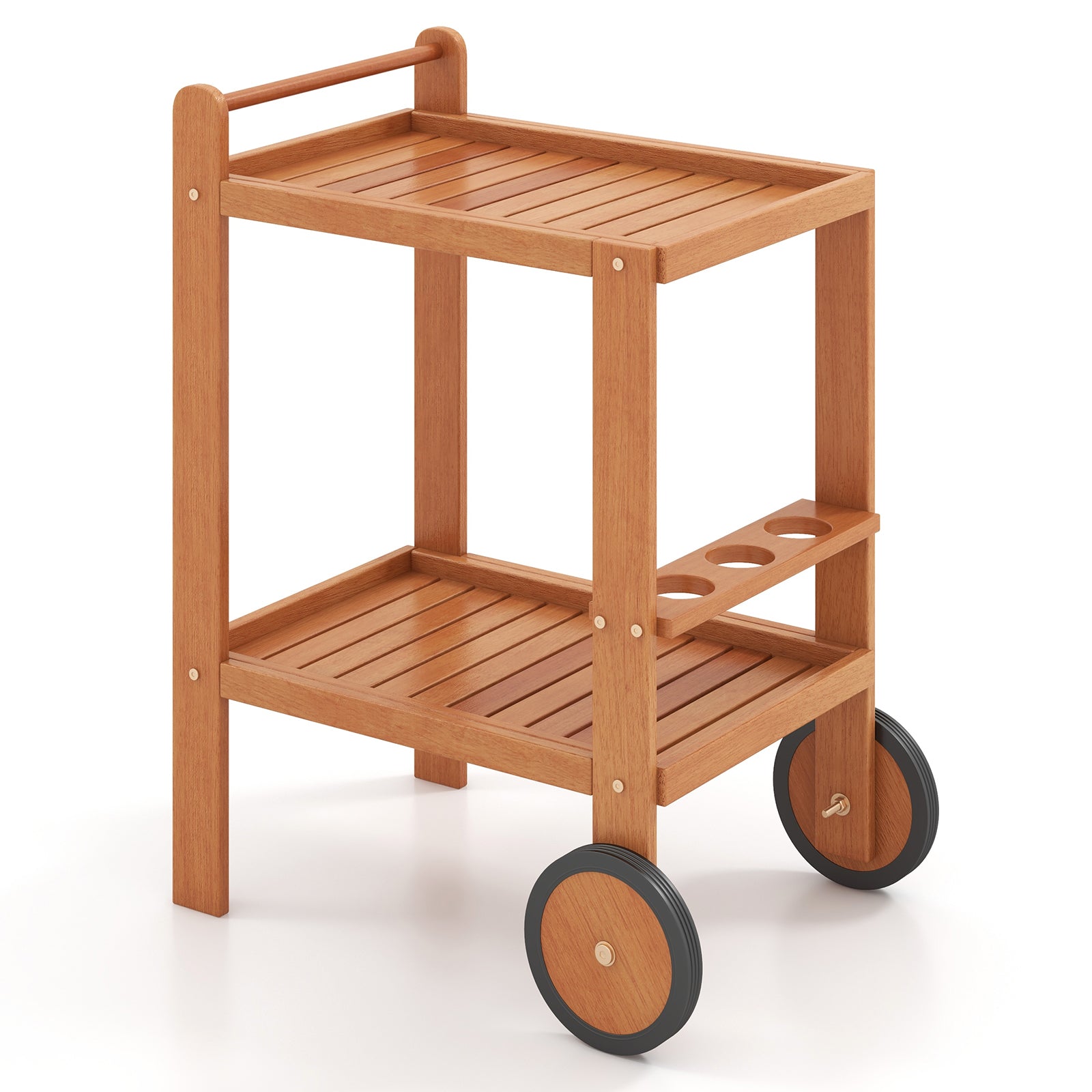 2 Tier Rolling Serving Cart with Wine Bottle Holders and 2 Rubber Wheels