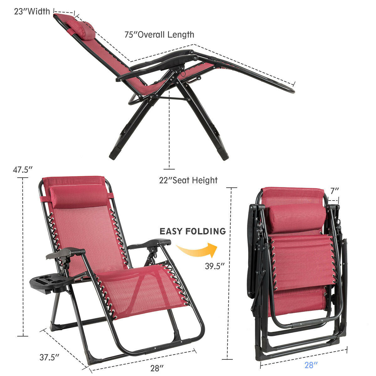 Fauteuil de jardin inclinable pliant grand format très résistant - Vin