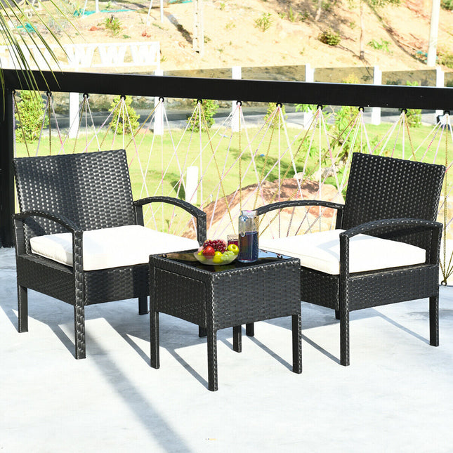 3 Piece Patio Rattan Furniture Set Sofa Cushioned Table Garden