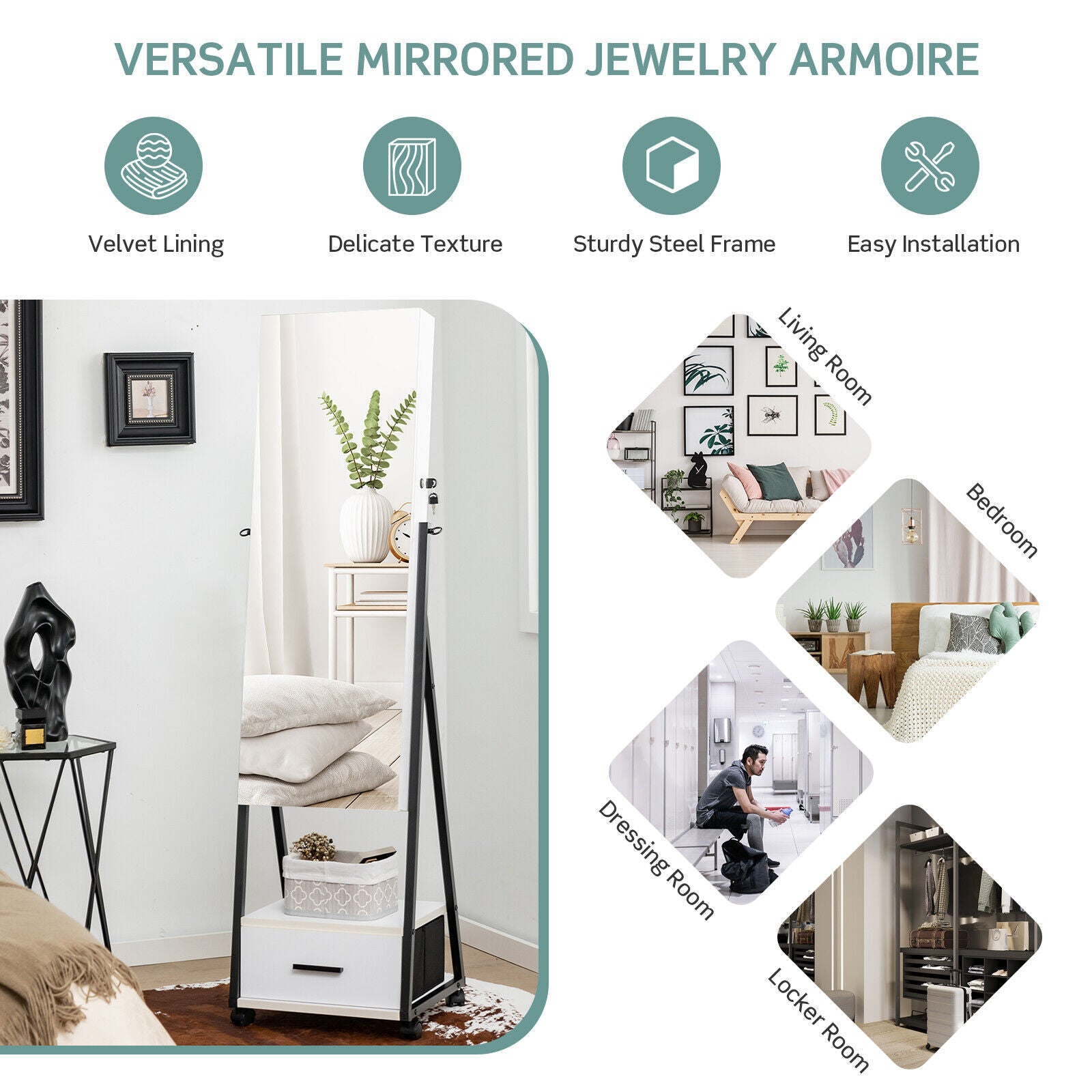 Jewelry Cabinet with Full-Length Mirror-White