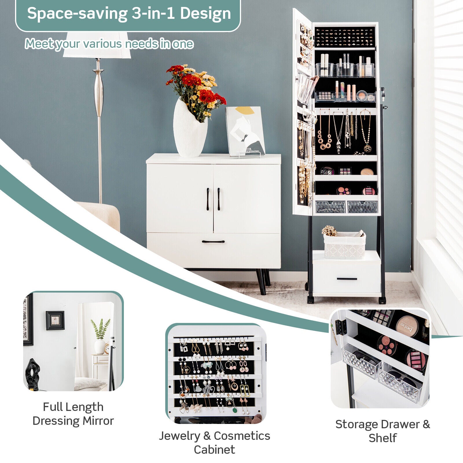 Jewelry Cabinet with Full-Length Mirror-White