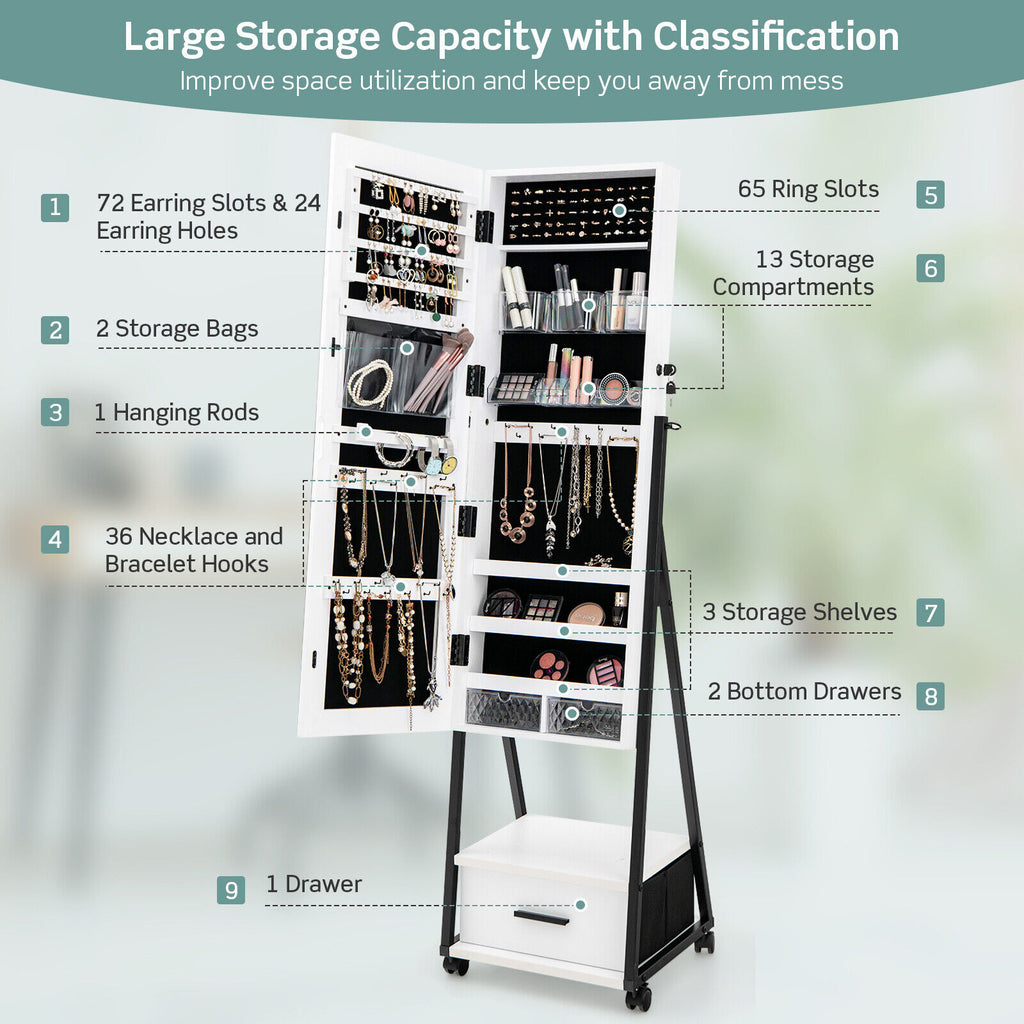 Jewelry Cabinet with Full-Length Mirror-White