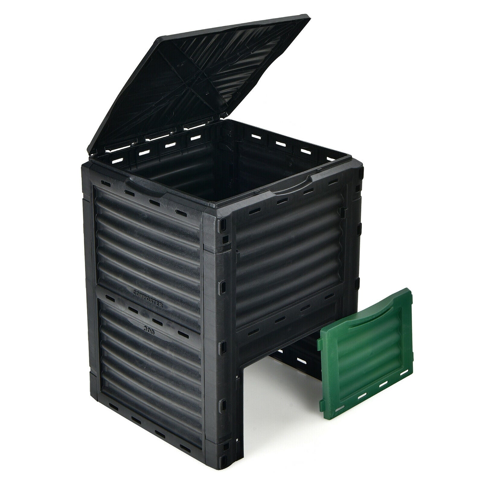 Composteur d'extérieur 300 litres avec grand couvercle ouvrable et porte de sortie inférieure – Vert
