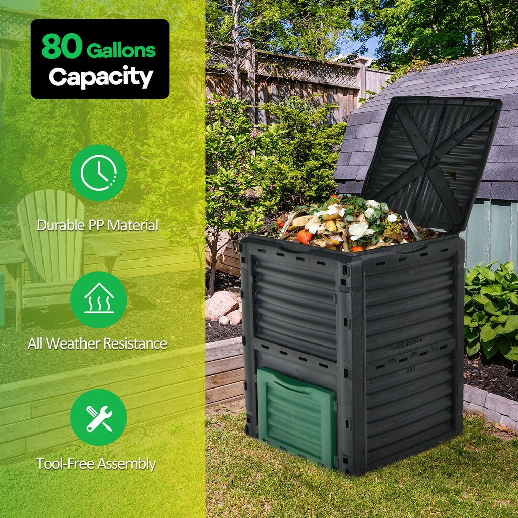 Composteur d'extérieur 300 litres avec grand couvercle ouvrable et porte de sortie inférieure – Vert