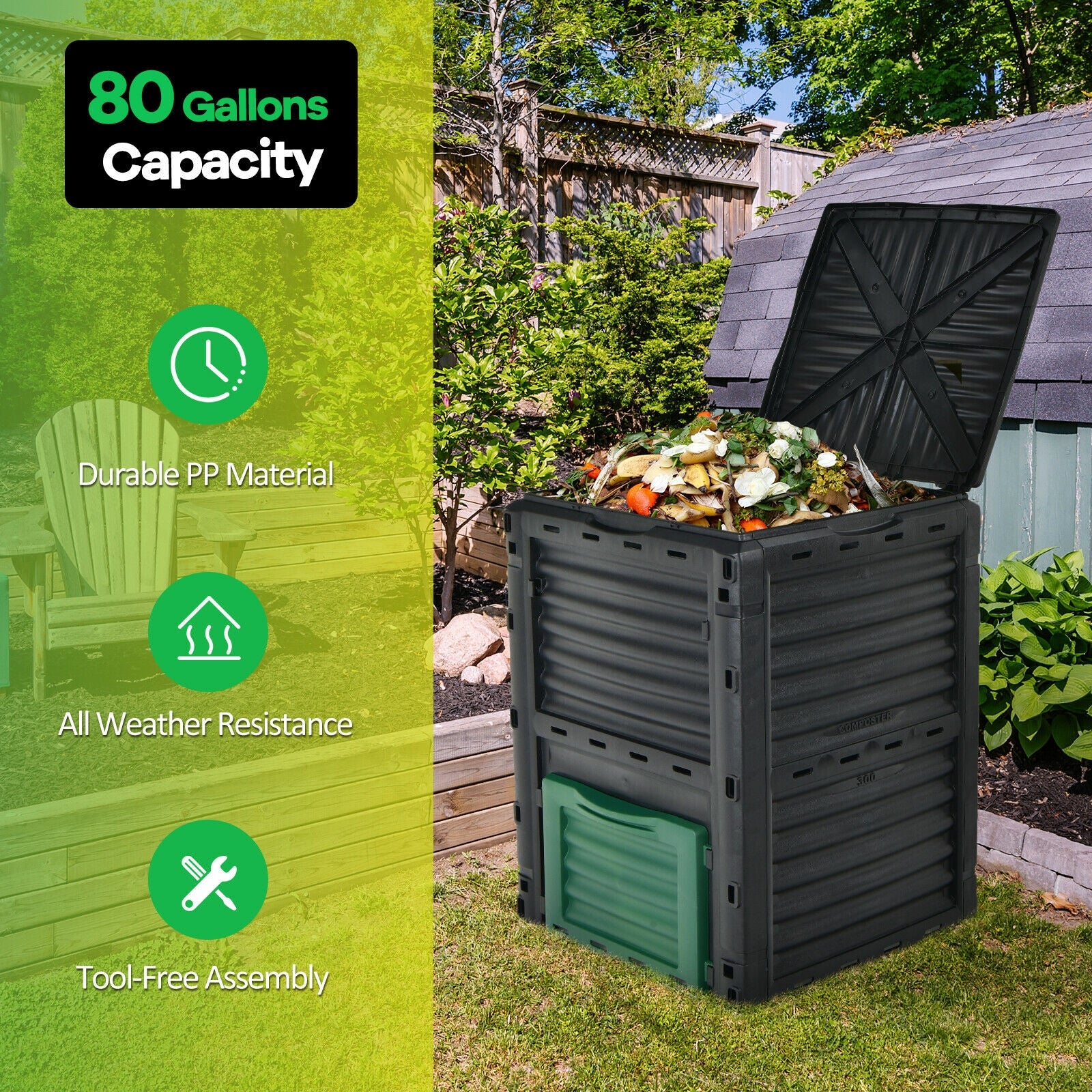 Composteur d'extérieur 300 litres avec grand couvercle ouvrable et porte de sortie inférieure – Vert