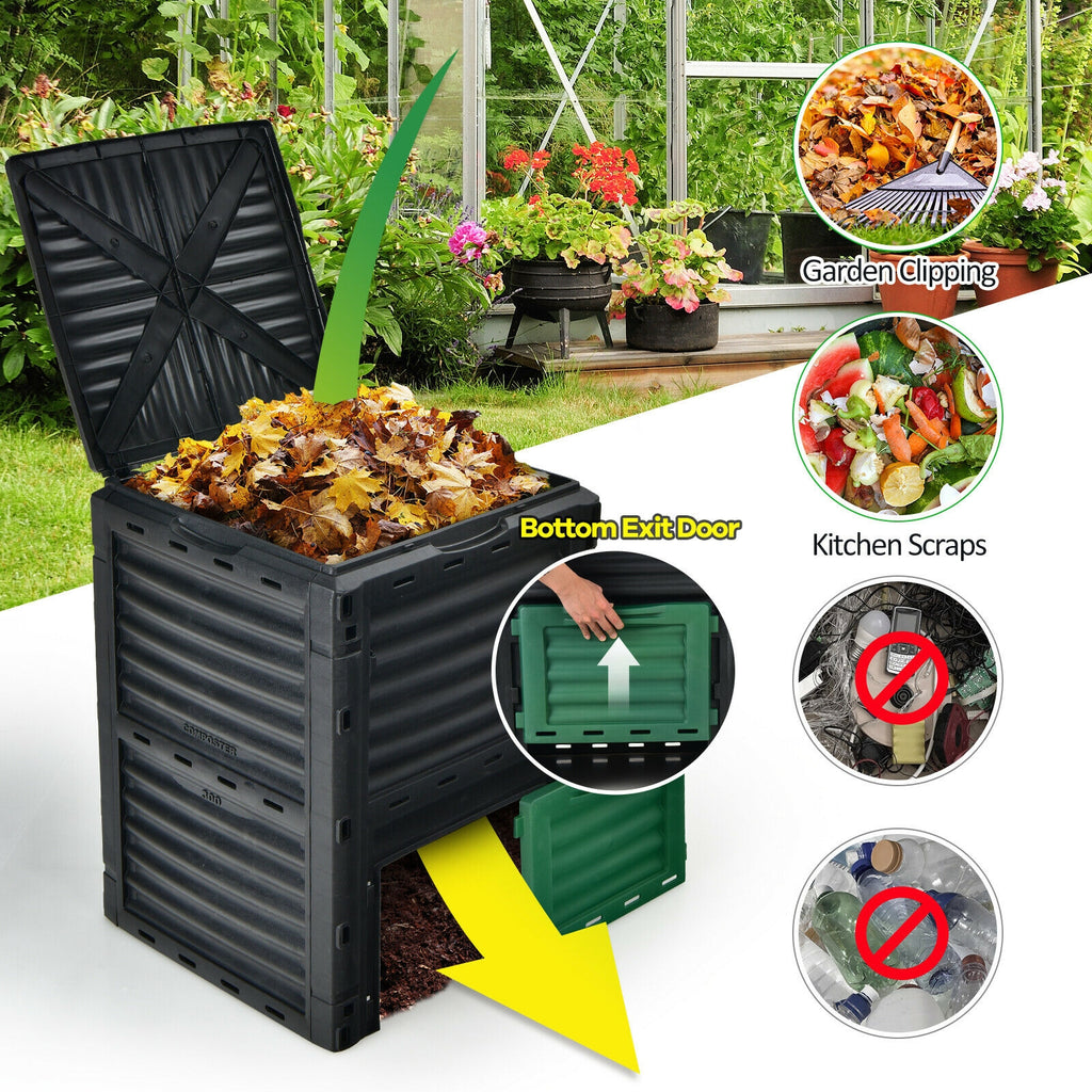 Composteur d'extérieur 300 litres avec grand couvercle ouvrable et porte de sortie inférieure – Vert