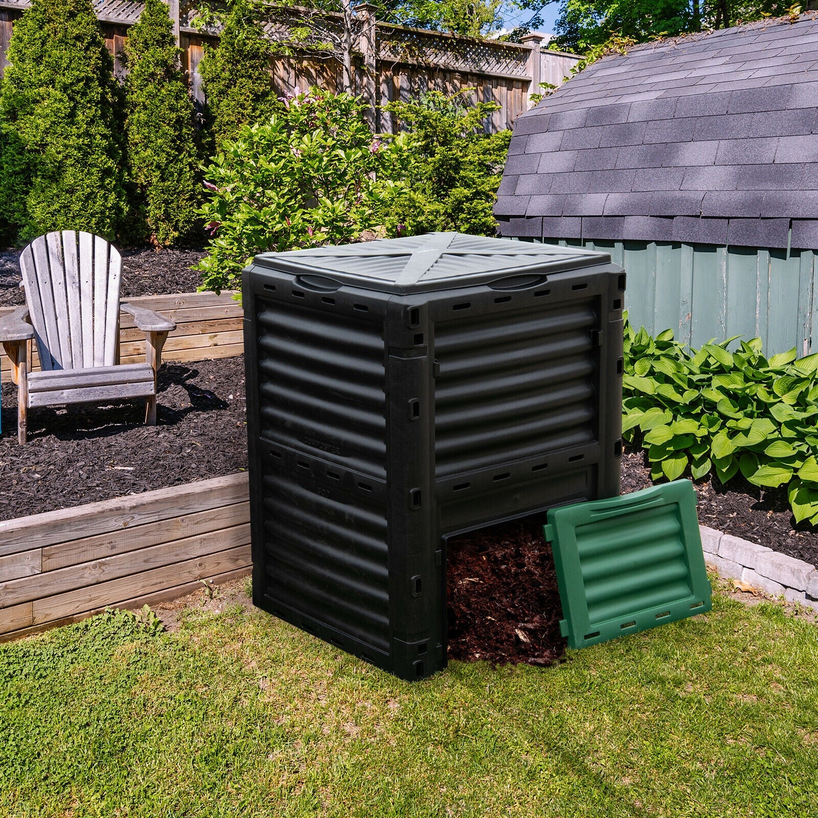 Composteur d'extérieur 300 litres avec grand couvercle ouvrable et porte de sortie inférieure – Vert