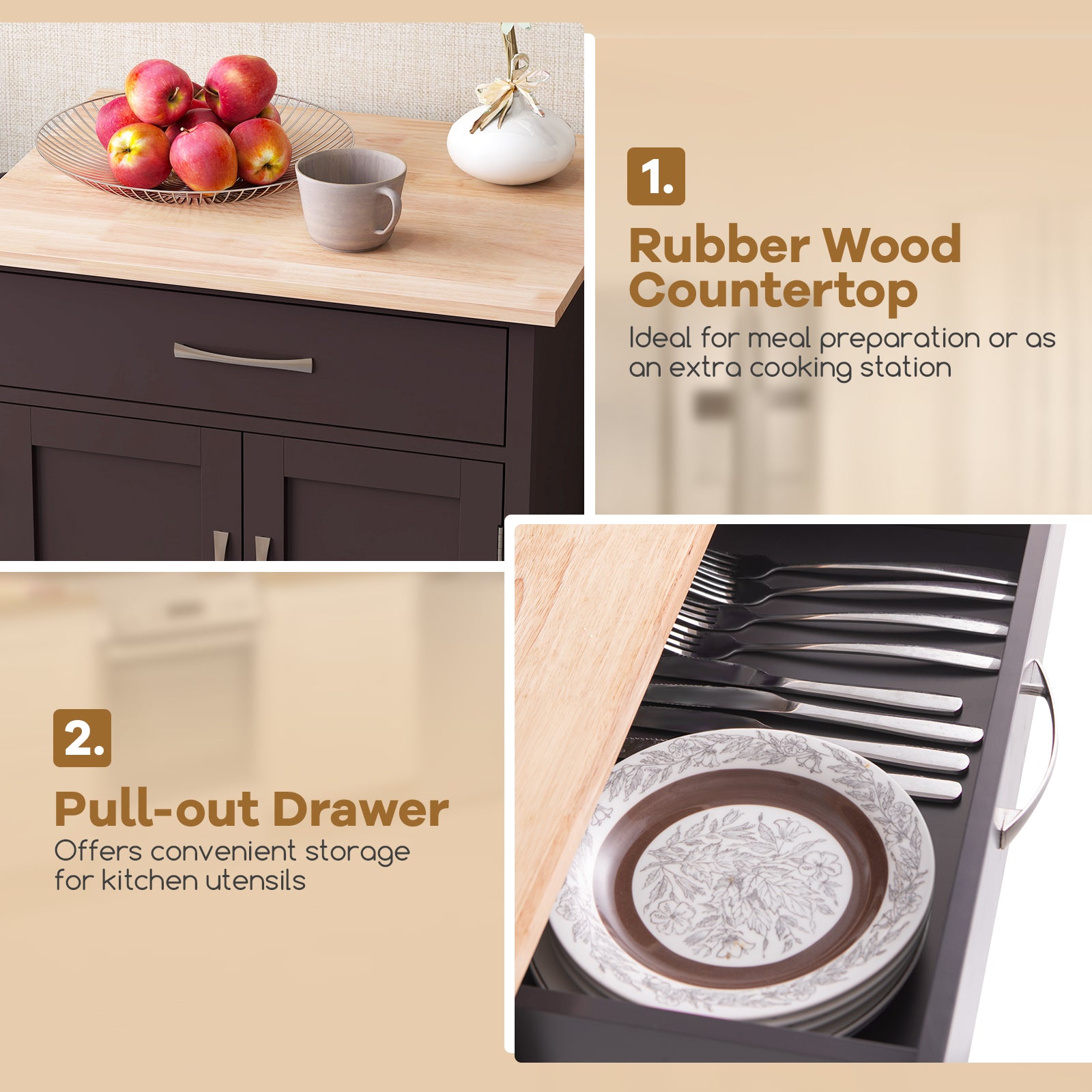 Rolling Kitchen Island Cart with Drawer and Towel Rack-Brown