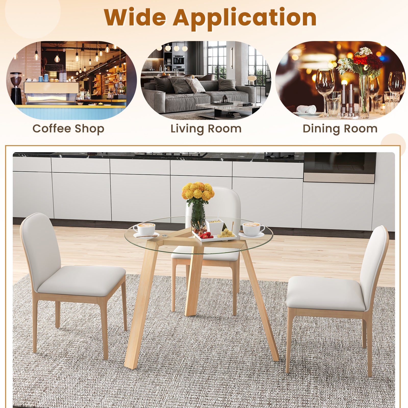 36 Inches Round Glass Dining Table for 4 with Rubber Wood Frame-Natural