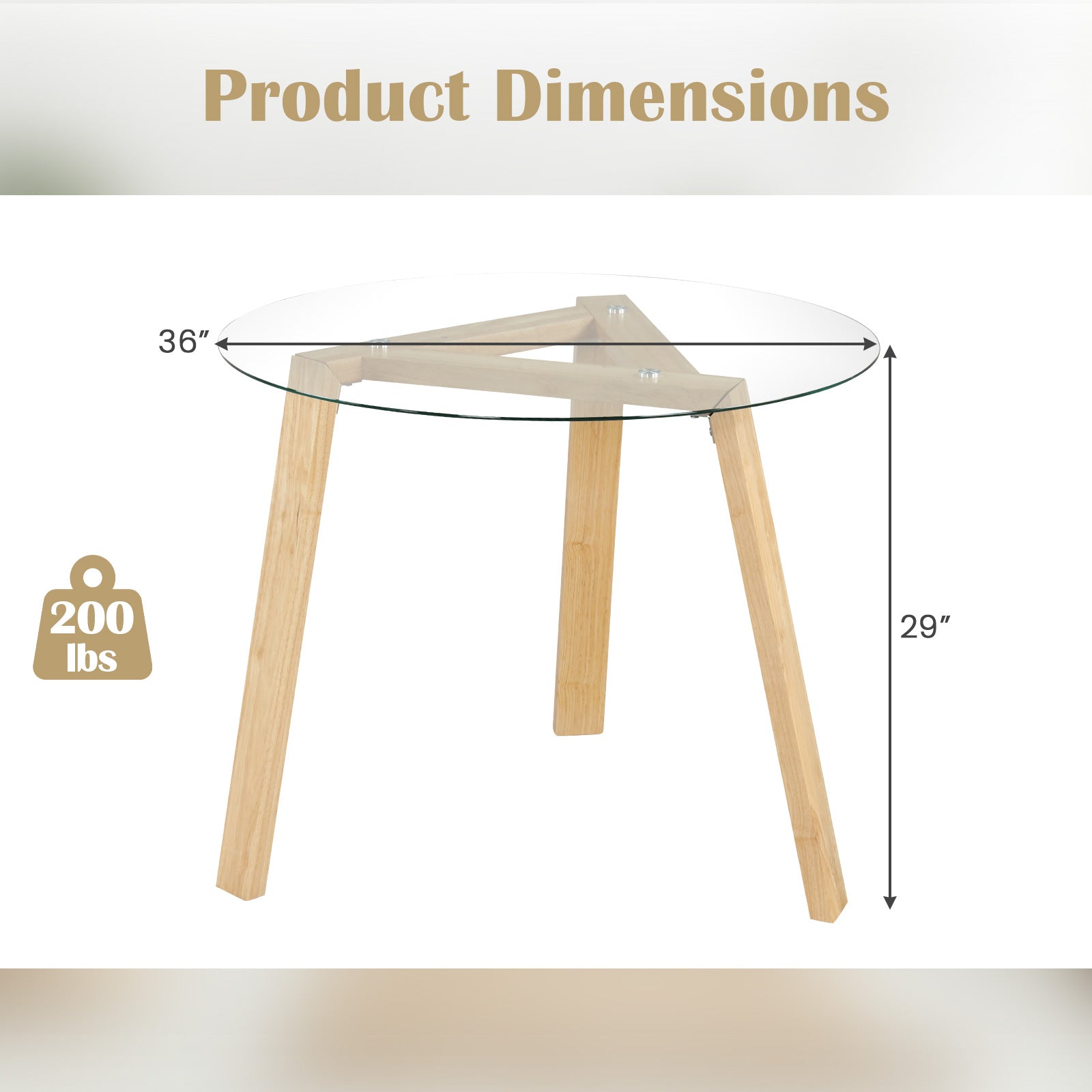 36 Inches Round Glass Dining Table for 4 with Rubber Wood Frame-Natural