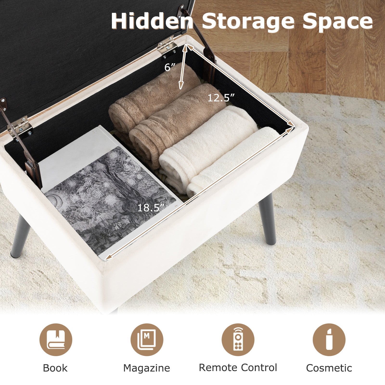 Velvet Storage Ottoman with Solid Wood Legs for Living Room Bedroom-Beige