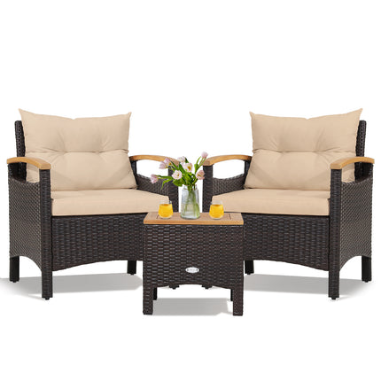 3 Pieces Patio Rattan Furniture Set with Removable Cushions-Beige