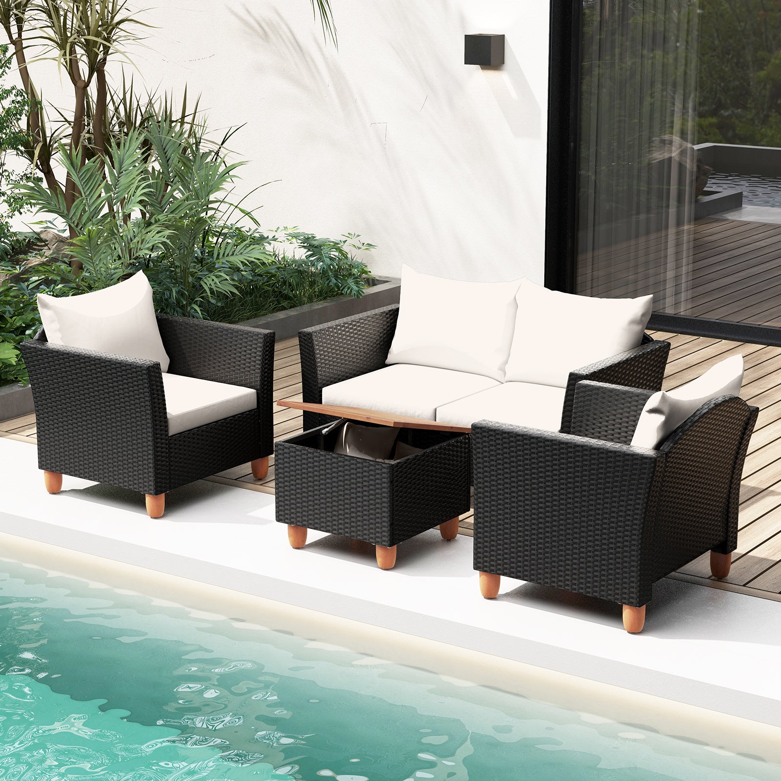 Salon de jardin 4 pièces avec table basse de rangement - Blanc