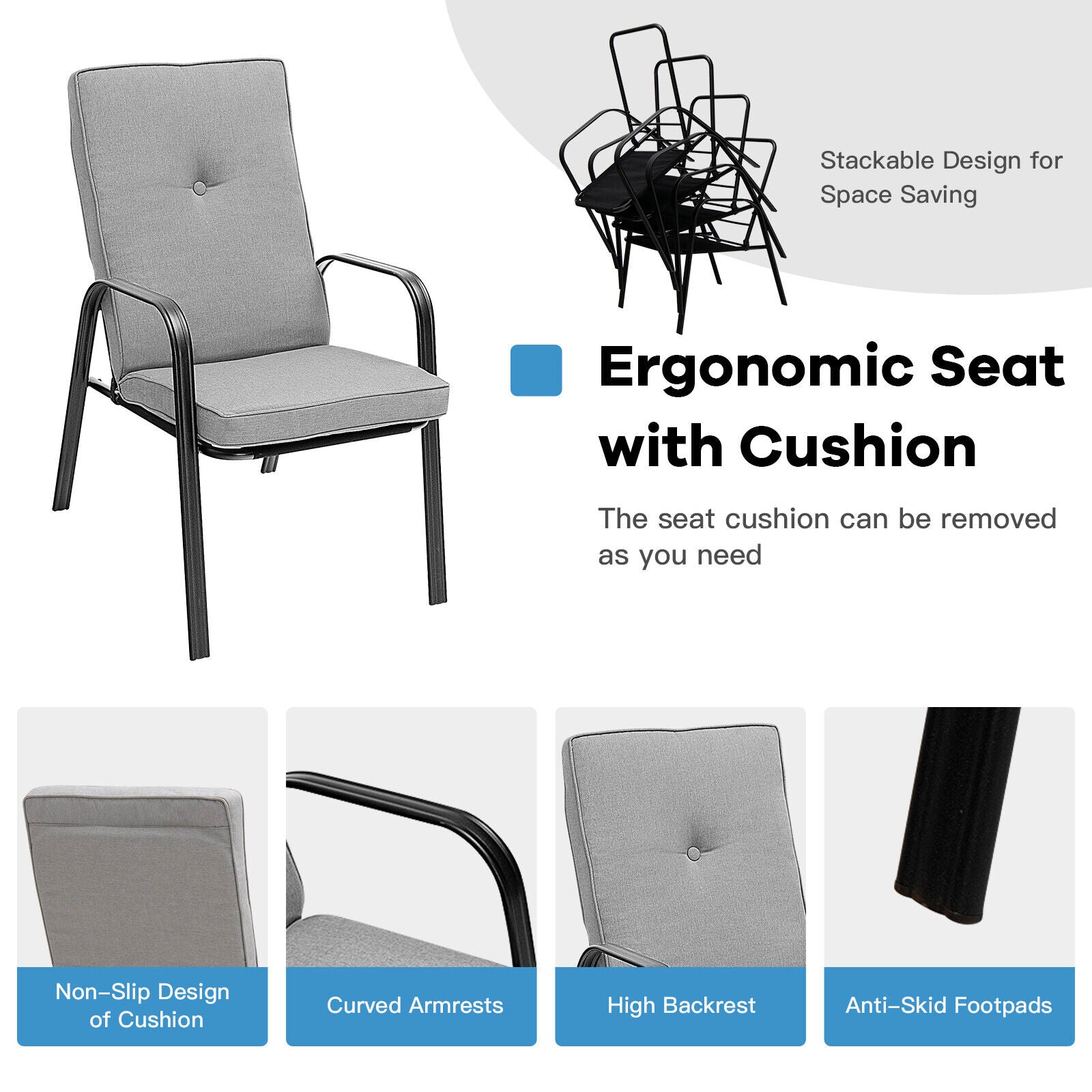 Lot de 4 chaises de patio empilables avec coussins de dossier haut