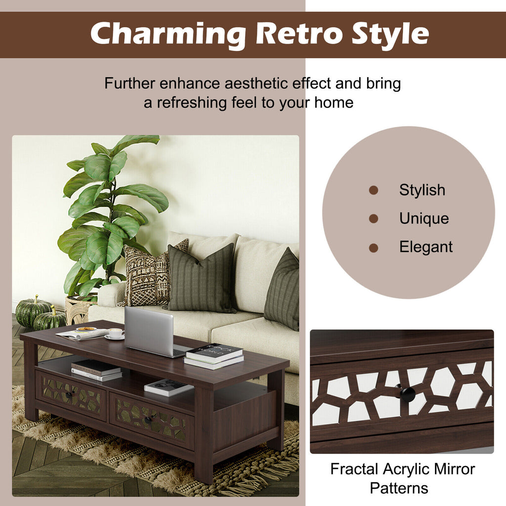 3-tier Coffee Table with 2 Drawers and 5 Support Legs-Brown