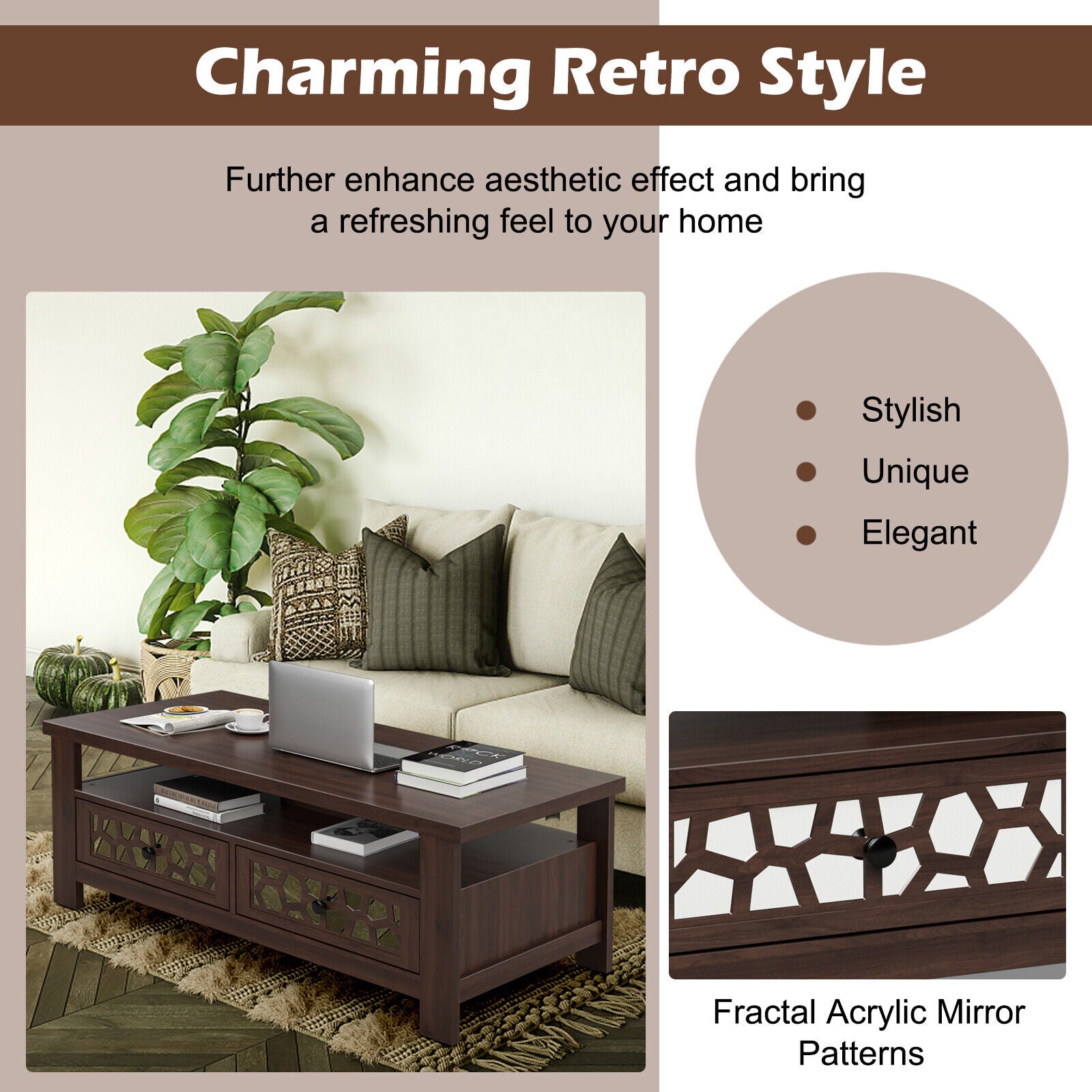 3-tier Coffee Table with 2 Drawers and 5 Support Legs-Brown