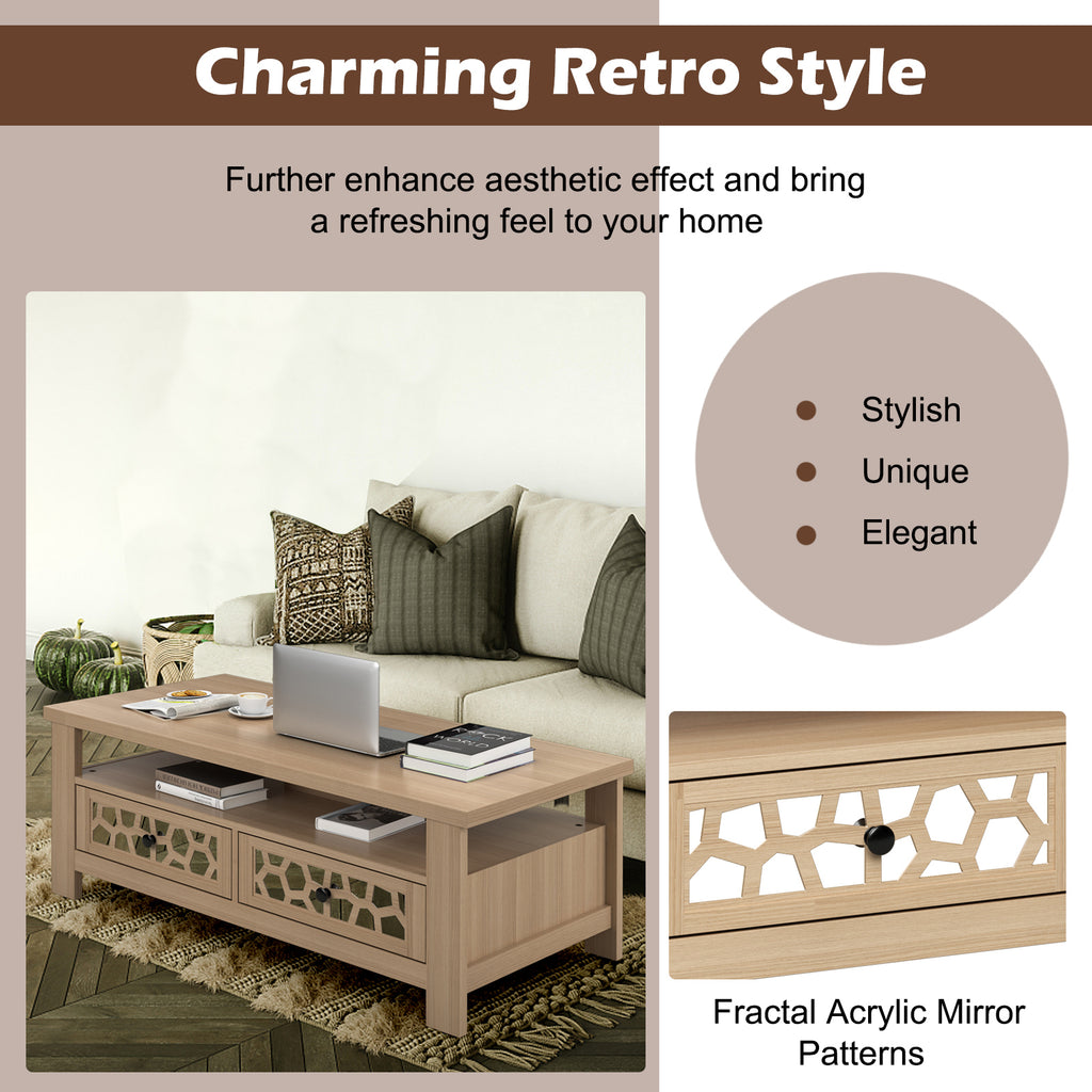 3-tier Coffee Table with 2 Drawers and 5 Support Legs-Natural