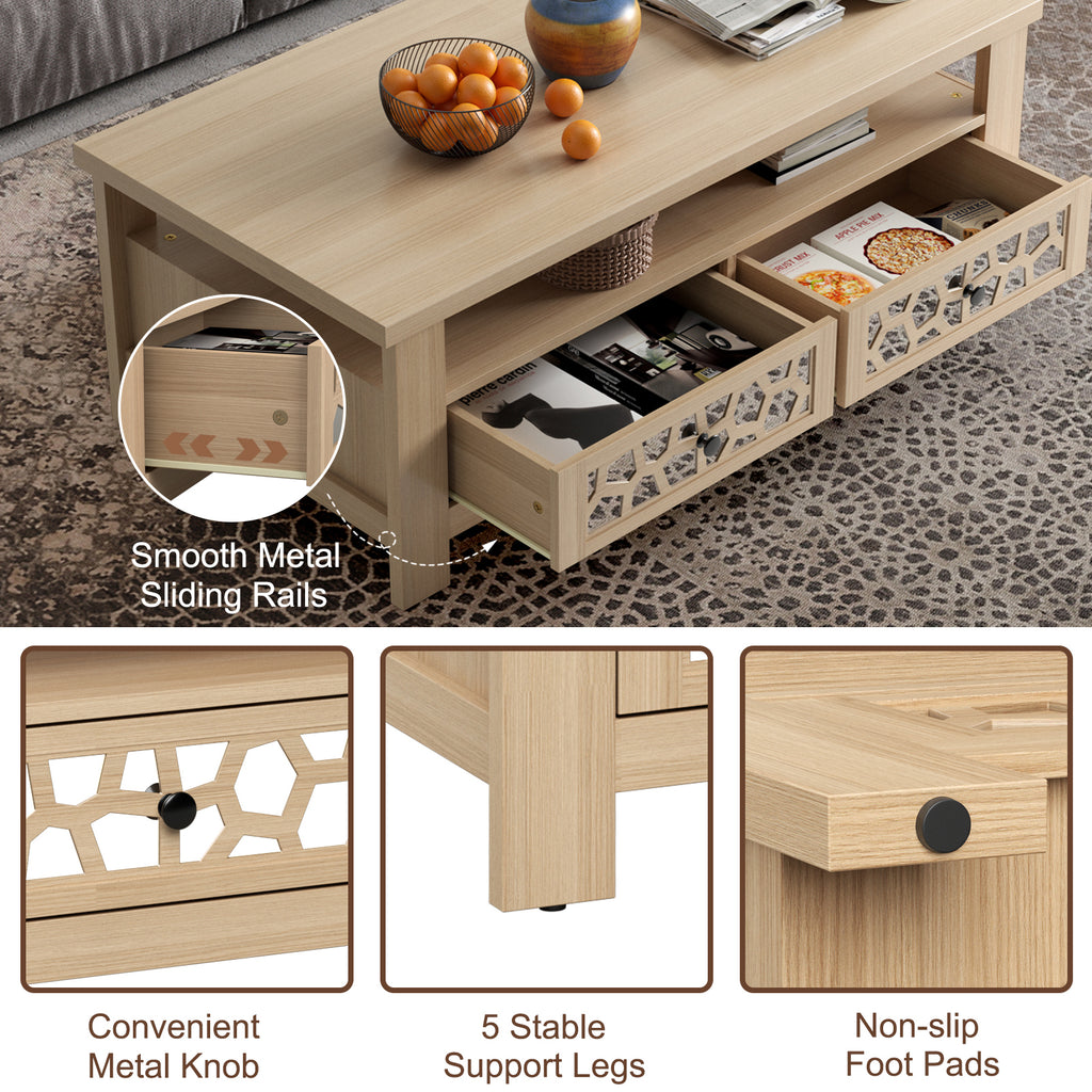3-tier Coffee Table with 2 Drawers and 5 Support Legs-Natural