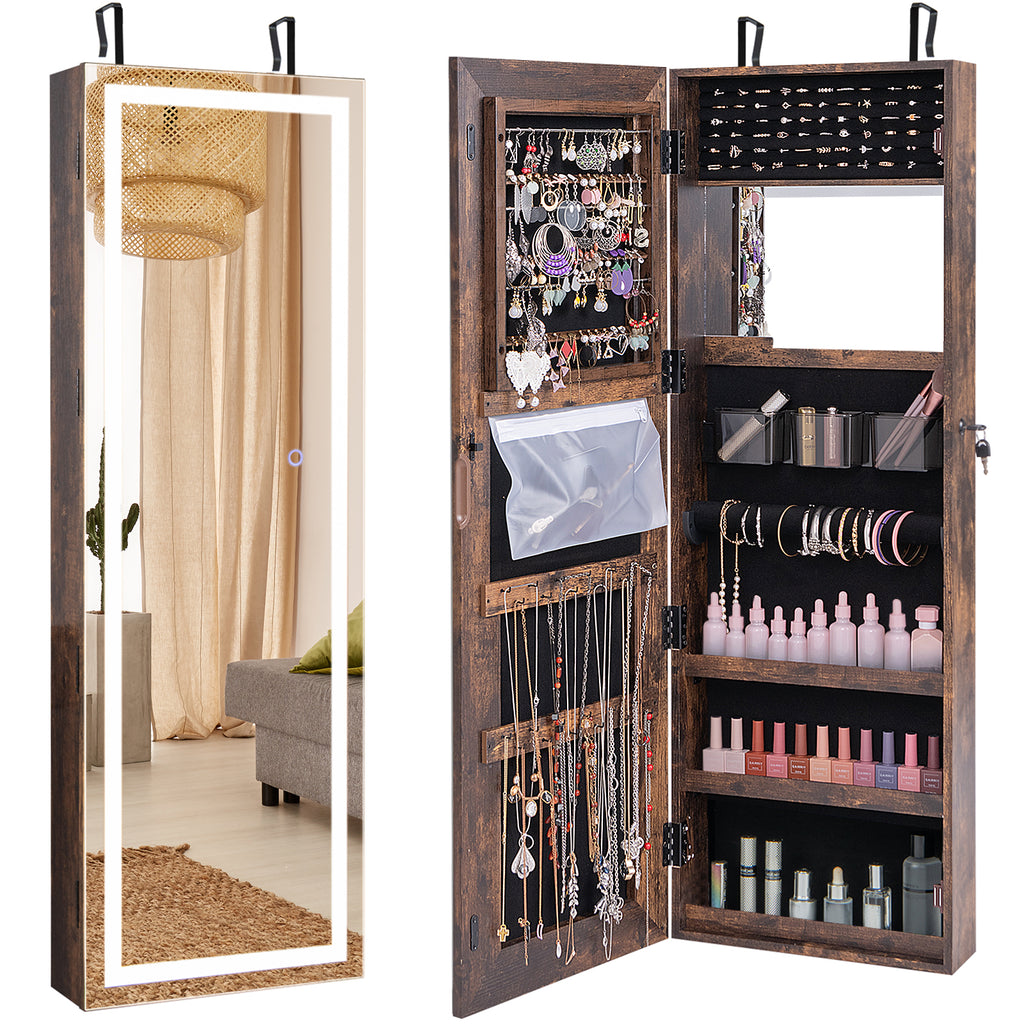 Mirrored Jewelry Armoire with Full Length Mirror and 2 Internal LED Lights-Rustic Brown