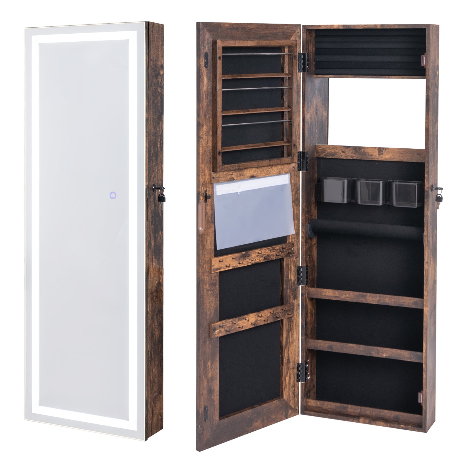 Mirrored Jewelry Armoire with Full Length Mirror and 2 Internal LED Lights-Rustic Brown