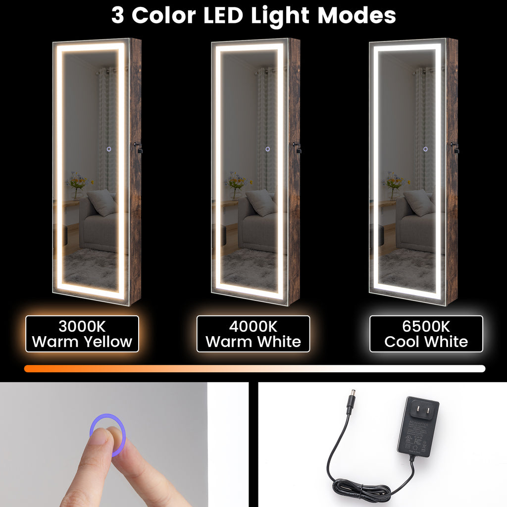 Mirrored Jewelry Armoire with Full Length Mirror and 2 Internal LED Lights-Rustic Brown