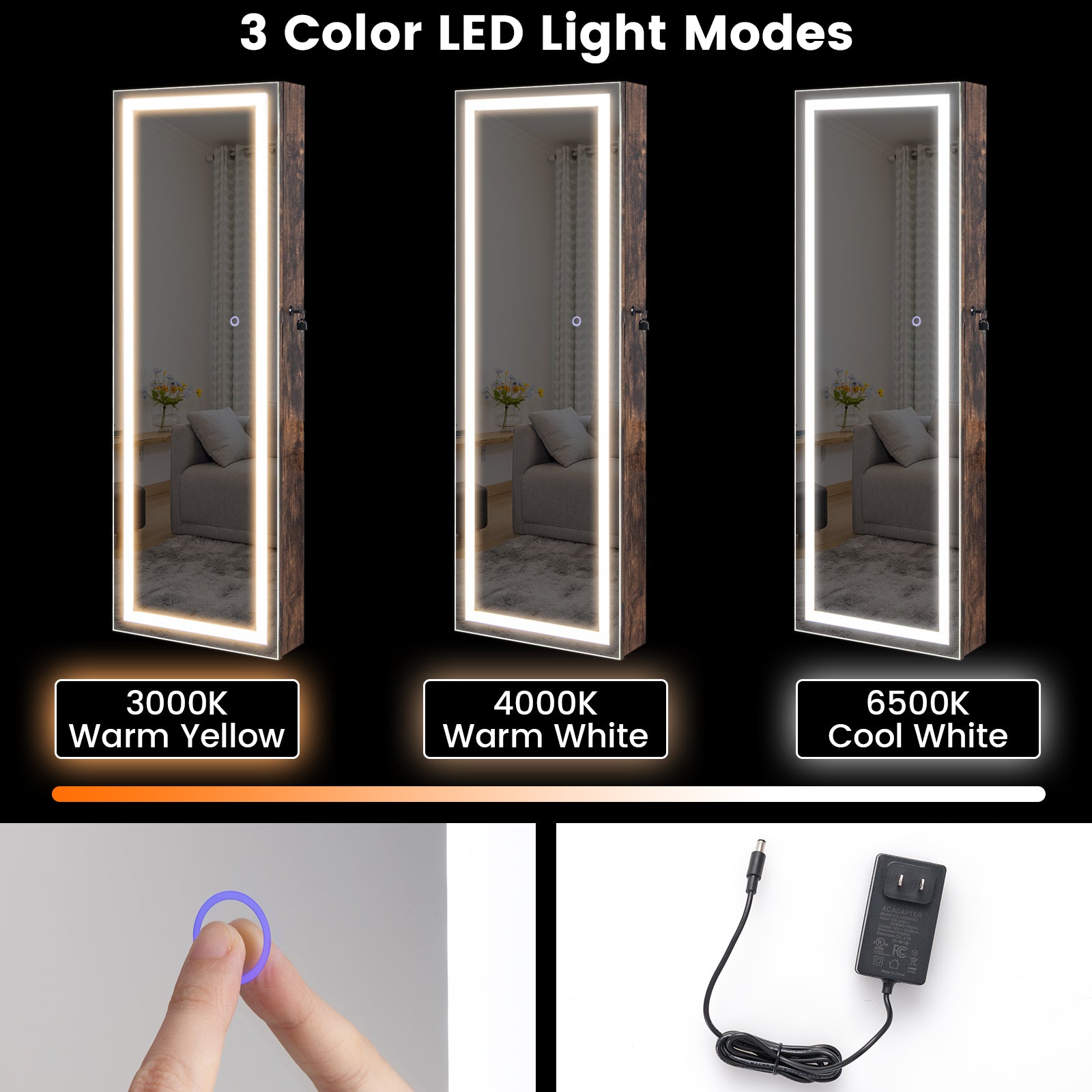 Mirrored Jewelry Armoire with Full Length Mirror and 2 Internal LED Lights-Rustic Brown